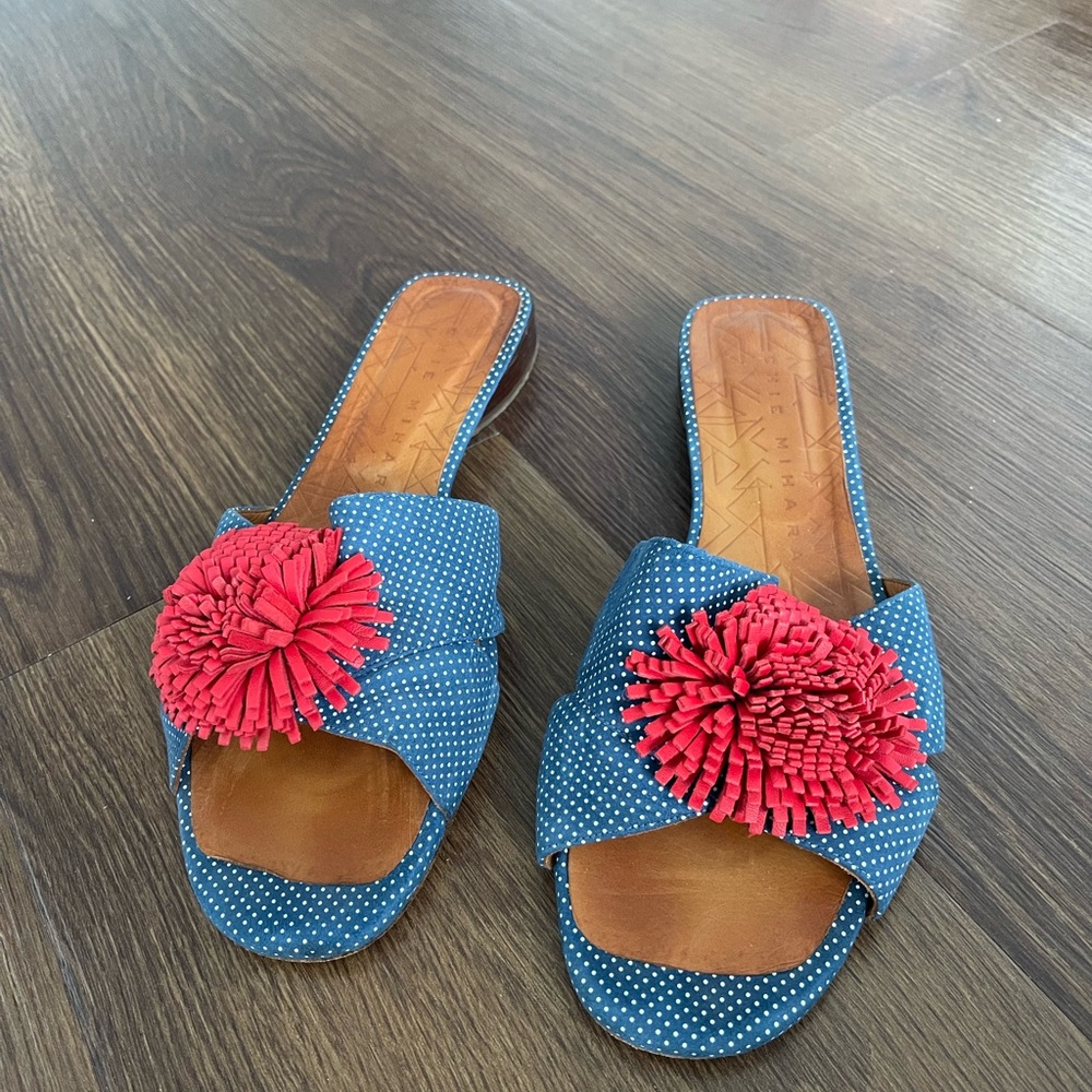 Polka Dot Blue and Red Women's Slide Sandals, 41.5